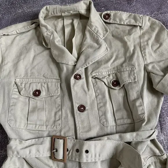 Women's Vintage 70's Original Light Sage Belted Short Sleeved Safari Jacket Sz L - Picture 2 of 4